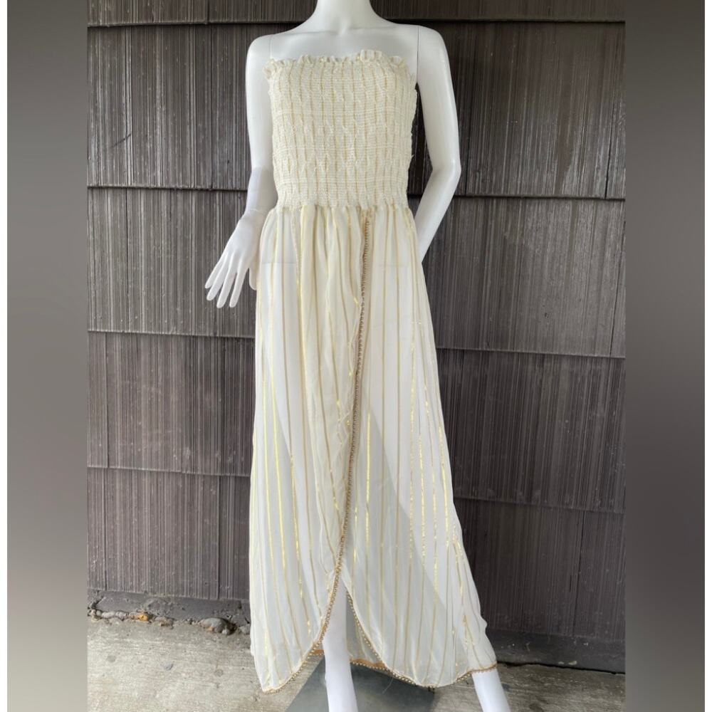 🔥Violet Sky Striped Gold Beaded Sheer Strapless Wrap Dress Summer Beach Dream M
